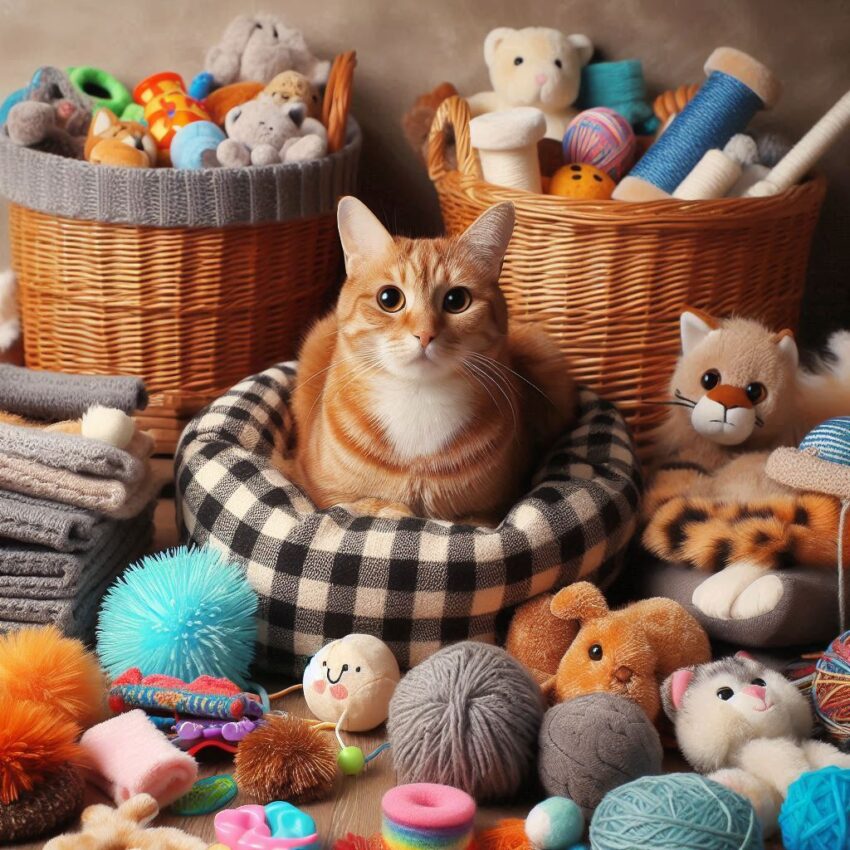 Een poes met heel veel speeltjes