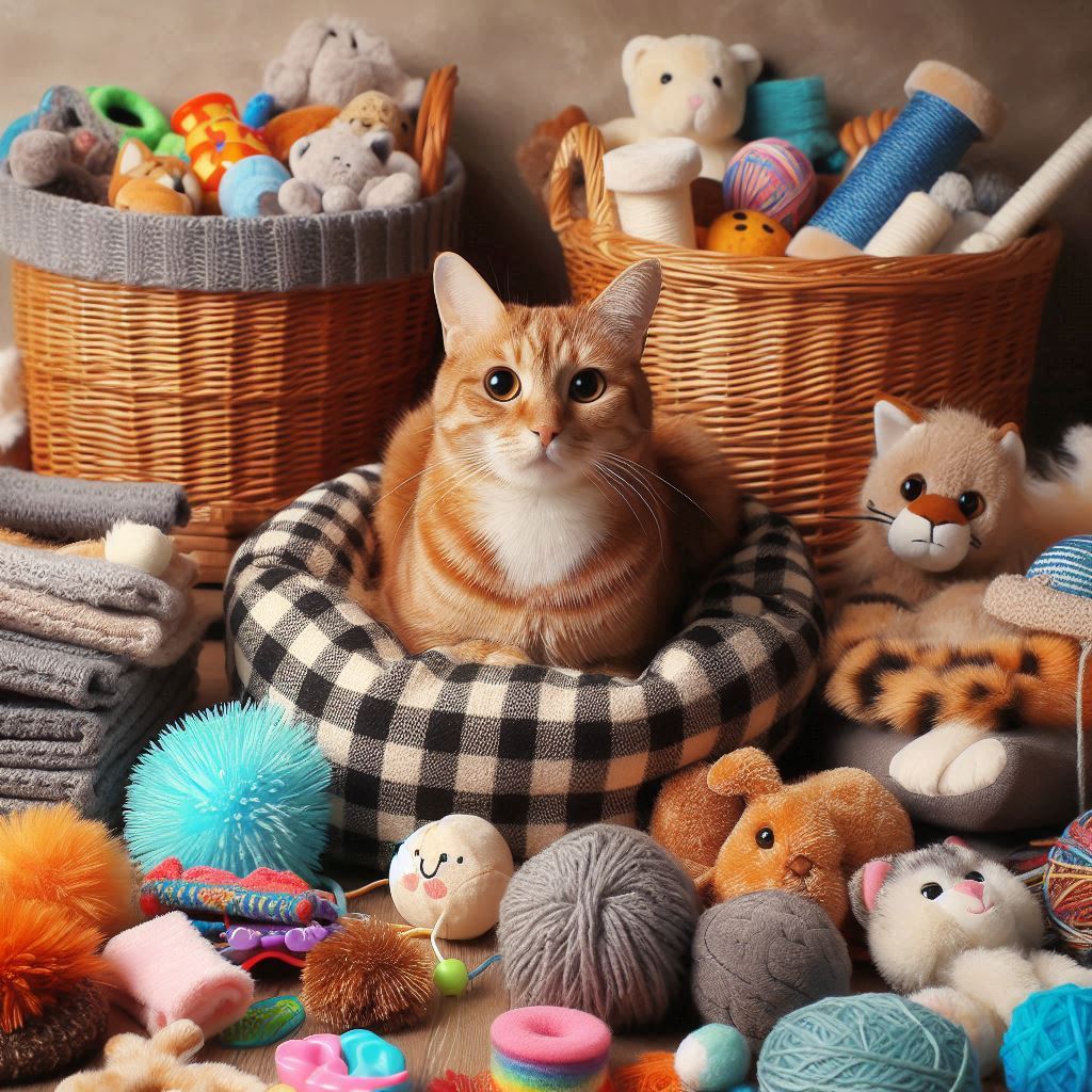 Een poes met heel veel speeltjes